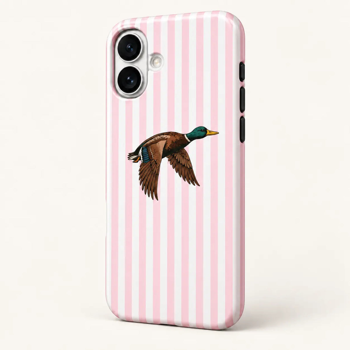 Angled iPhone side view showing continuous edge print: pink and white vertical stripes; one right-facing mallard with lowered wings.