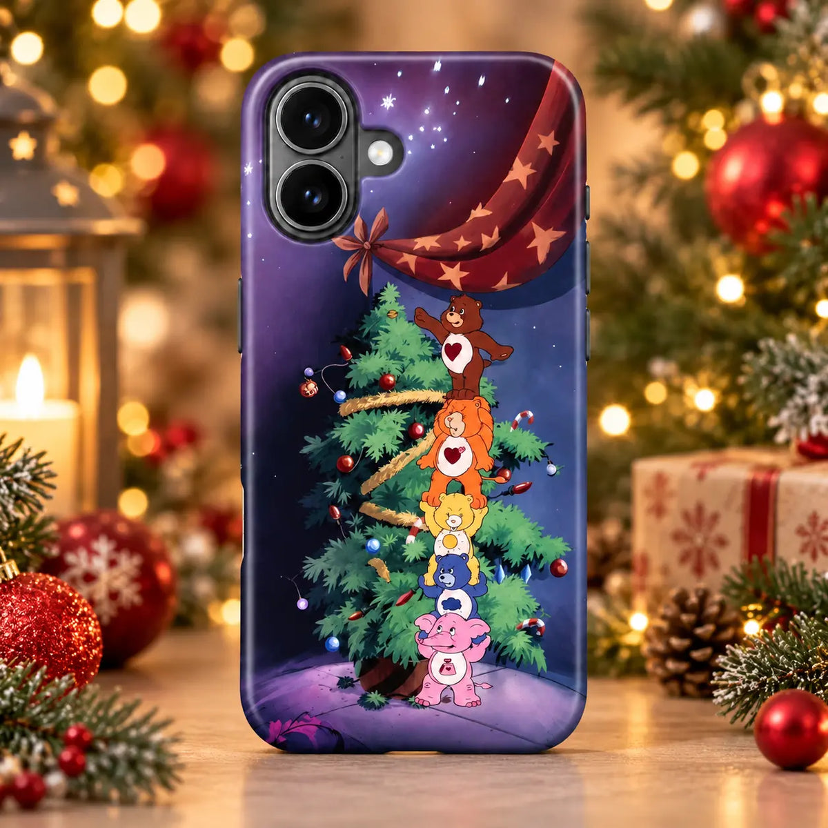 Stacked friends Christmas tree phone case in a warm festive tabletop setting
