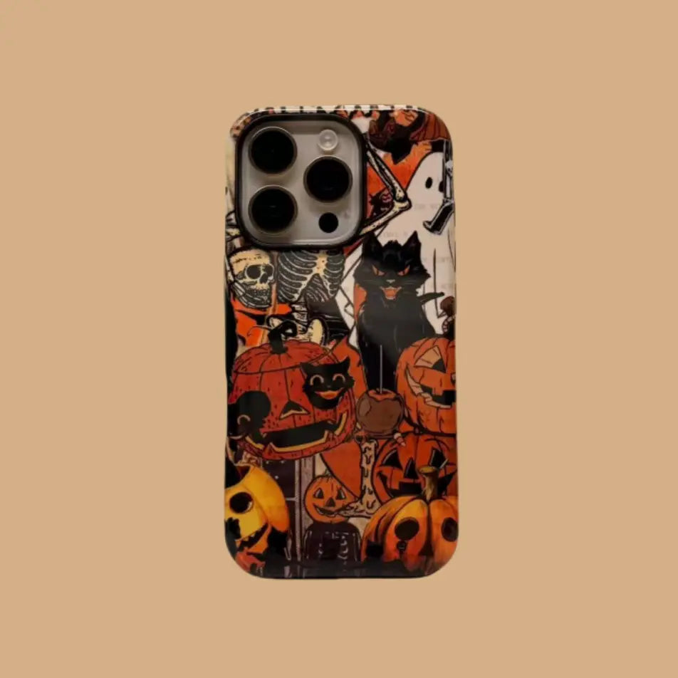 This Halloween phone case features a vintage collage of classic elements like pumpkins, black cats, and skeletons, adding a unique festive vibe.