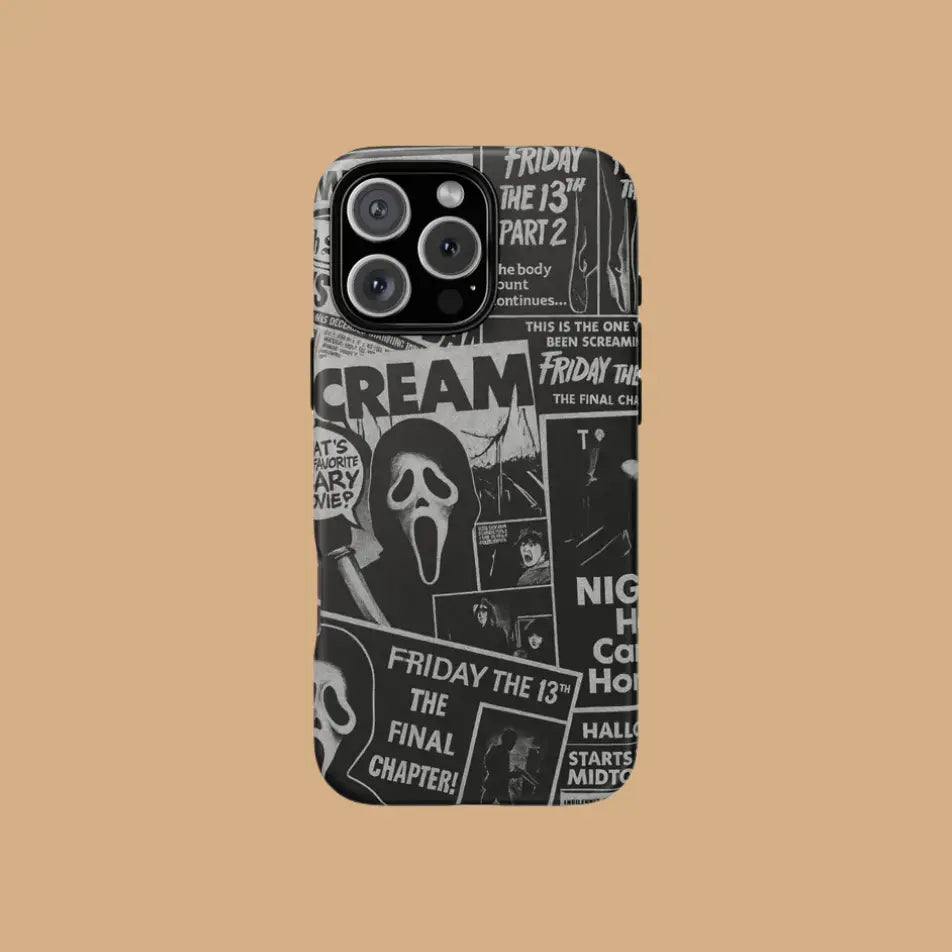 This Halloween phone case features a black and white newspaper-style collage of classic horror movie elements, offering a subtle yet unique accessory.