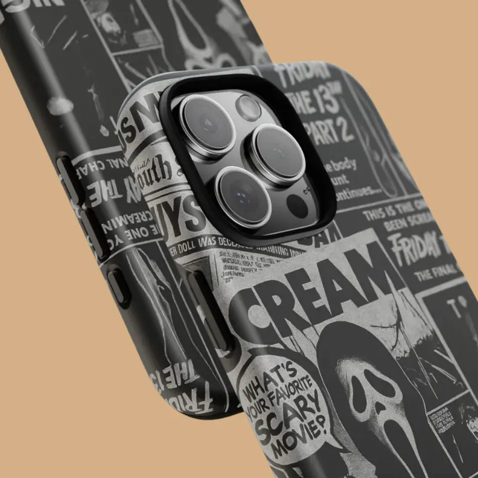 This Halloween phone case features a black and white newspaper-style collage of classic horror movie elements, offering a subtle yet unique accessory.