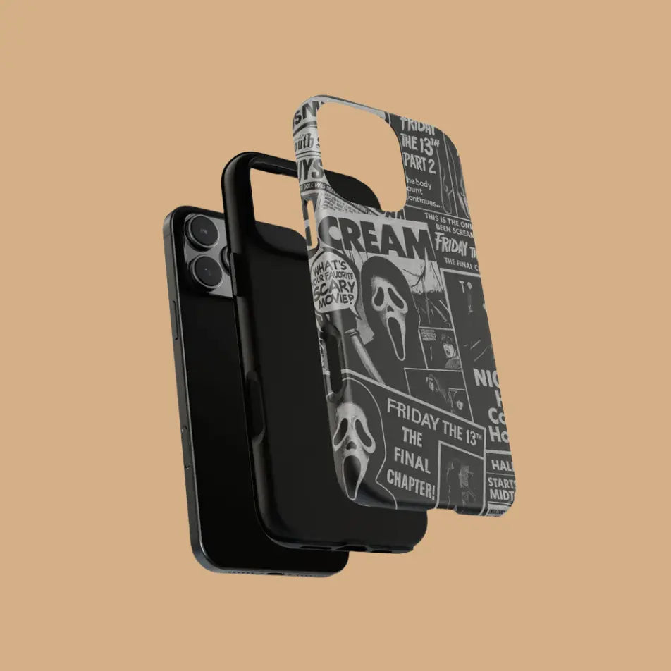 This Halloween phone case features a black and white newspaper-style collage of classic horror movie elements, offering a subtle yet unique accessory.