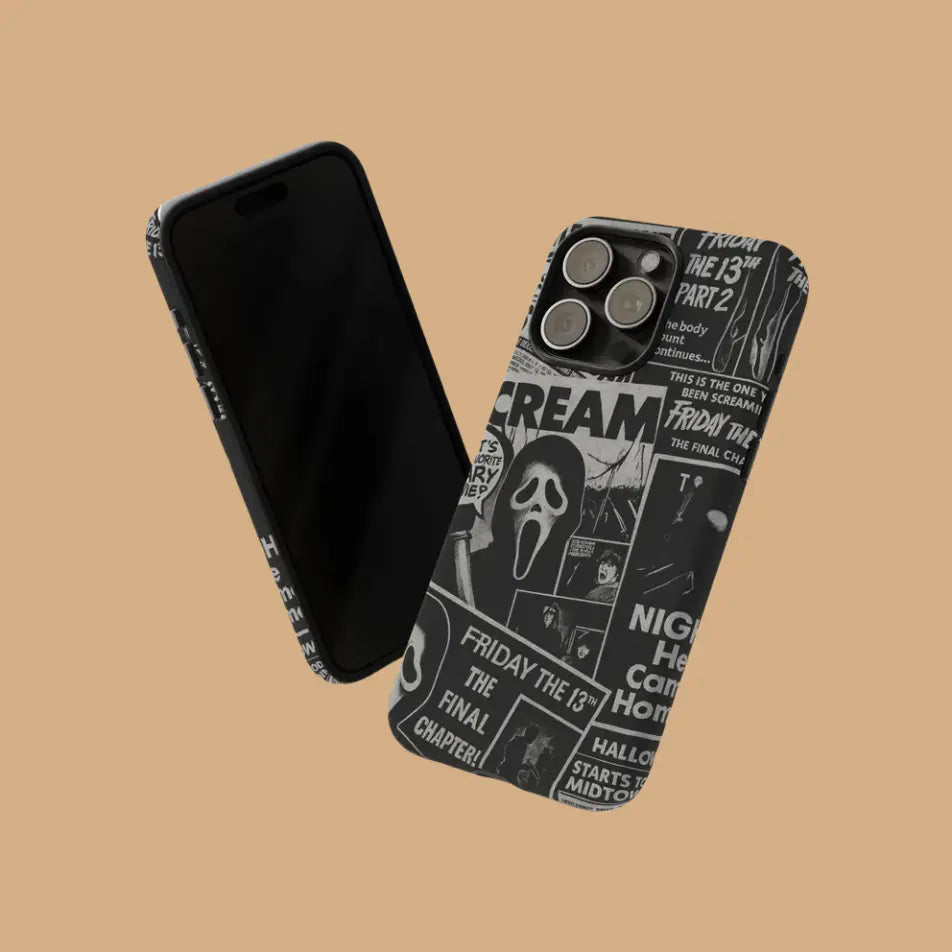 This Halloween phone case features a black and white newspaper-style collage of classic horror movie elements, offering a subtle yet unique accessory.