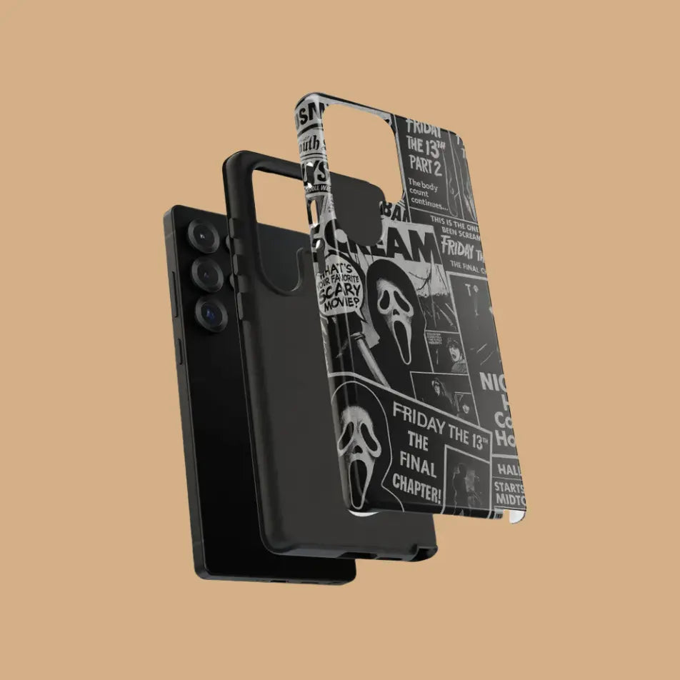 This Halloween phone case features a black and white newspaper-style collage of classic horror movie elements, offering a subtle yet unique accessory.