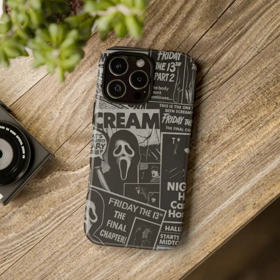This Halloween phone case features a black and white newspaper-style collage of classic horror movie elements, offering a subtle yet unique accessory.