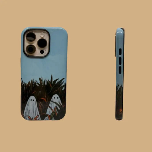 This Halloween phone case features an adorable illustration of cute ghosts in a peaceful autumn scene, adding a unique and cozy festive vibe.