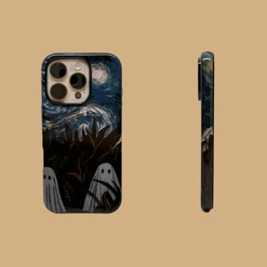 This Halloween phone case features a vintage collage of classic elements like pumpkins, black cats, and skeletons, adding a unique festive vibe.