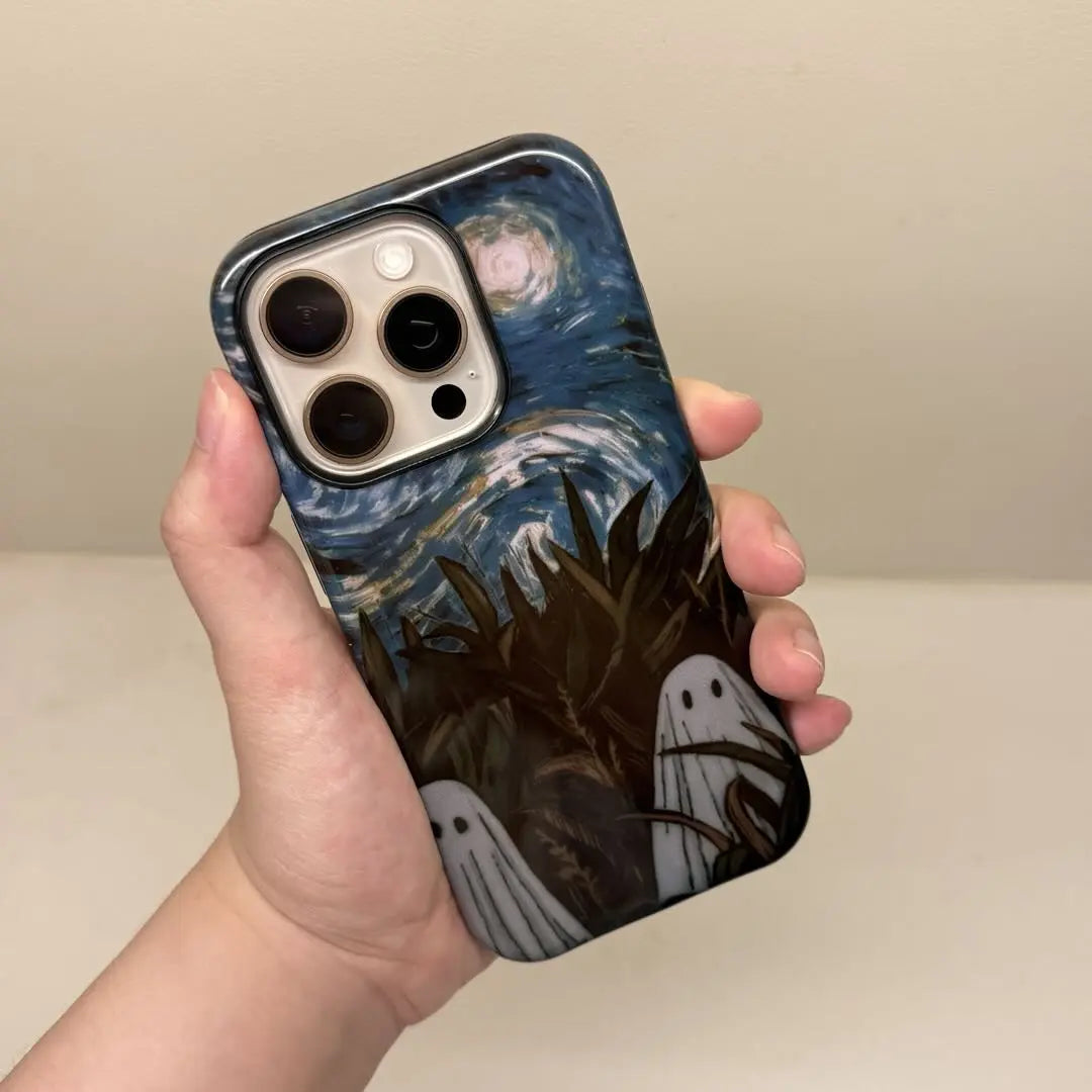 This Halloween phone case features a vintage collage of classic elements like pumpkins, black cats, and skeletons, adding a unique festive vibe.