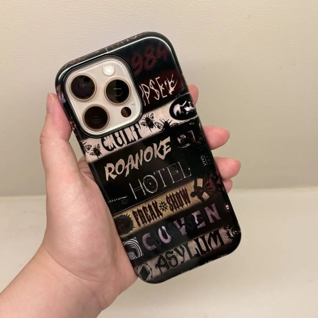 This Halloween phone case features a VHS tape-style design with classic American horror movie titles, making it a unique and must-have item for horror fans.