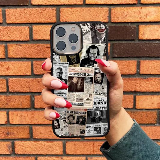 This Halloween phone case features a newspaper-style collage of classic horror movie characters, making it a unique and trendy must-have for the spooky season.