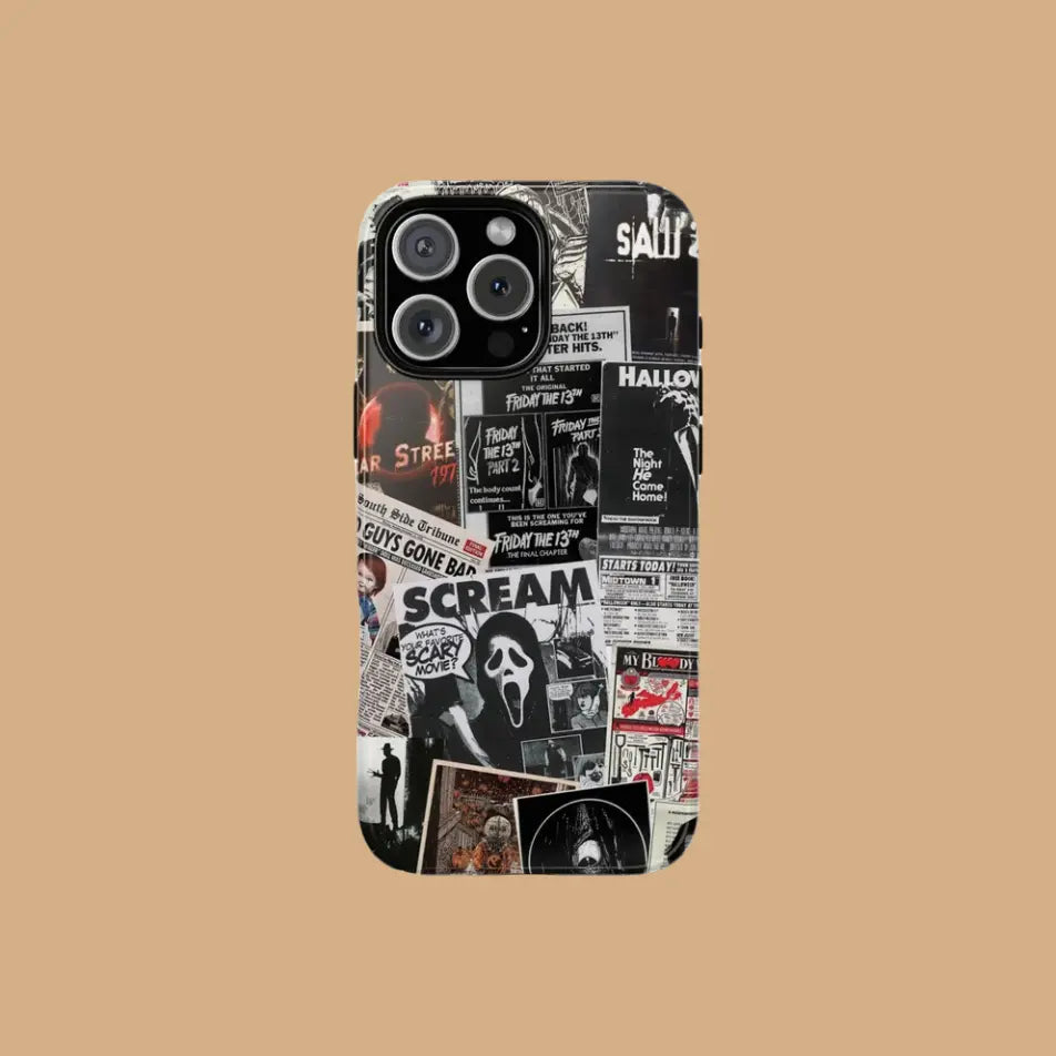 This black and white, newspaper-style phone case features classic horror elements, adding a subtle touch of personality to your Halloween look.