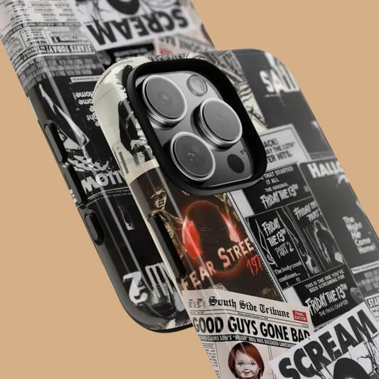 This black and white, newspaper-style phone case features classic horror elements, adding a subtle touch of personality to your Halloween look.