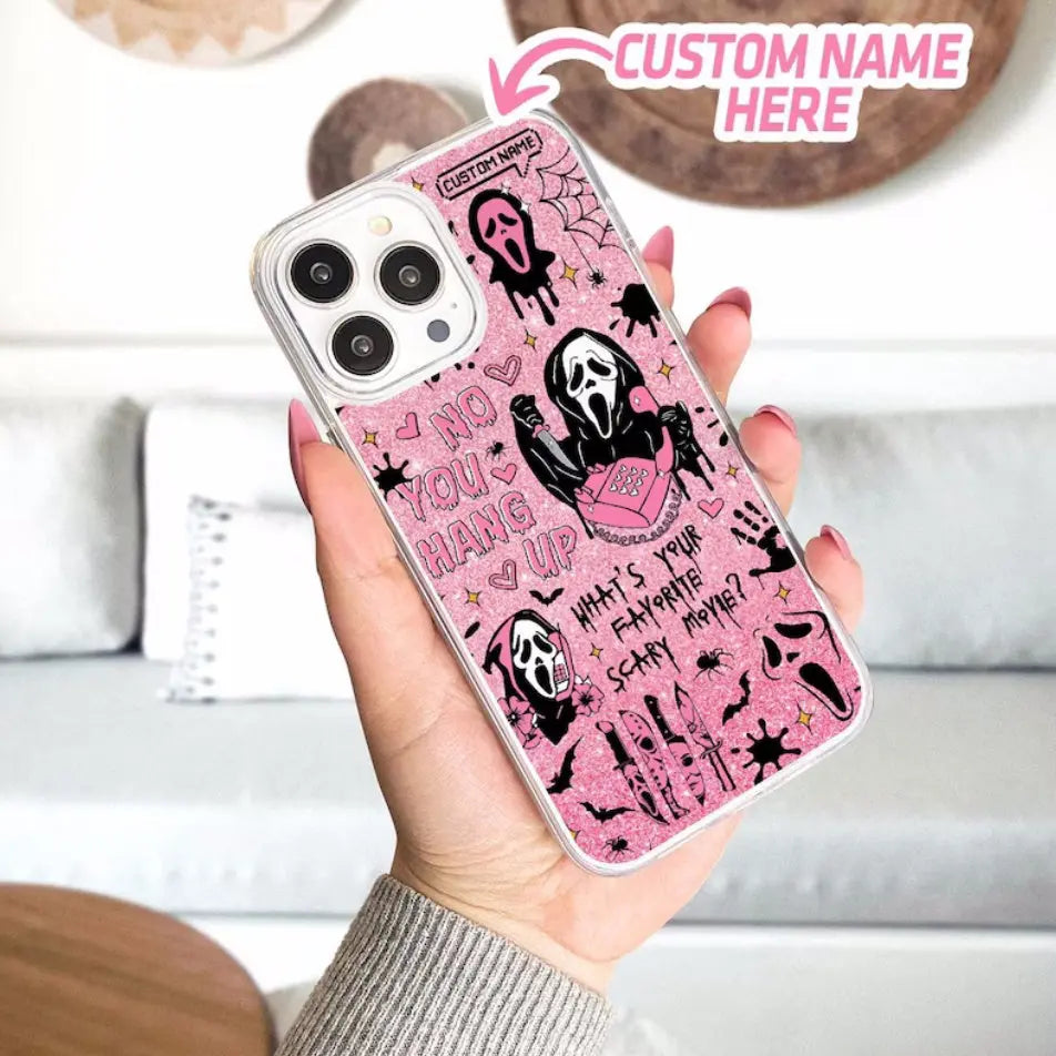 This sparkling pink Ghostface phone case is a cute yet spooky accessory. Featuring classic movie quotes, it adds a unique touch to your Halloween look.