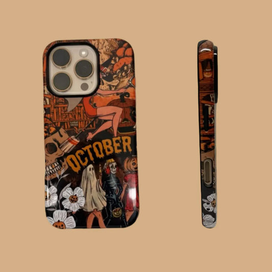 This Halloween phone case features a vintage collage of various horror elements, creating a unique and trendy accessory for the spooky season.