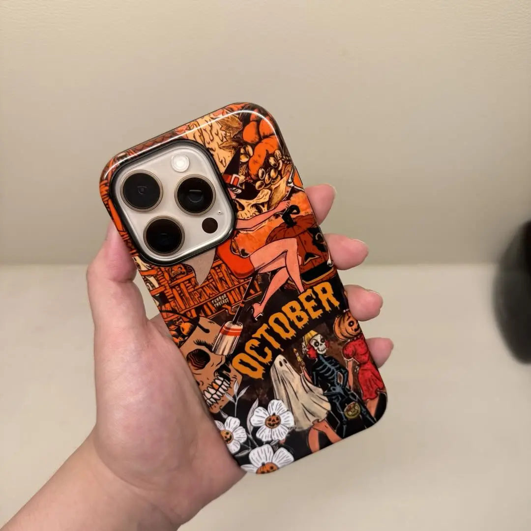 This Halloween phone case features a vintage collage of various horror elements, creating a unique and trendy accessory for the spooky season.