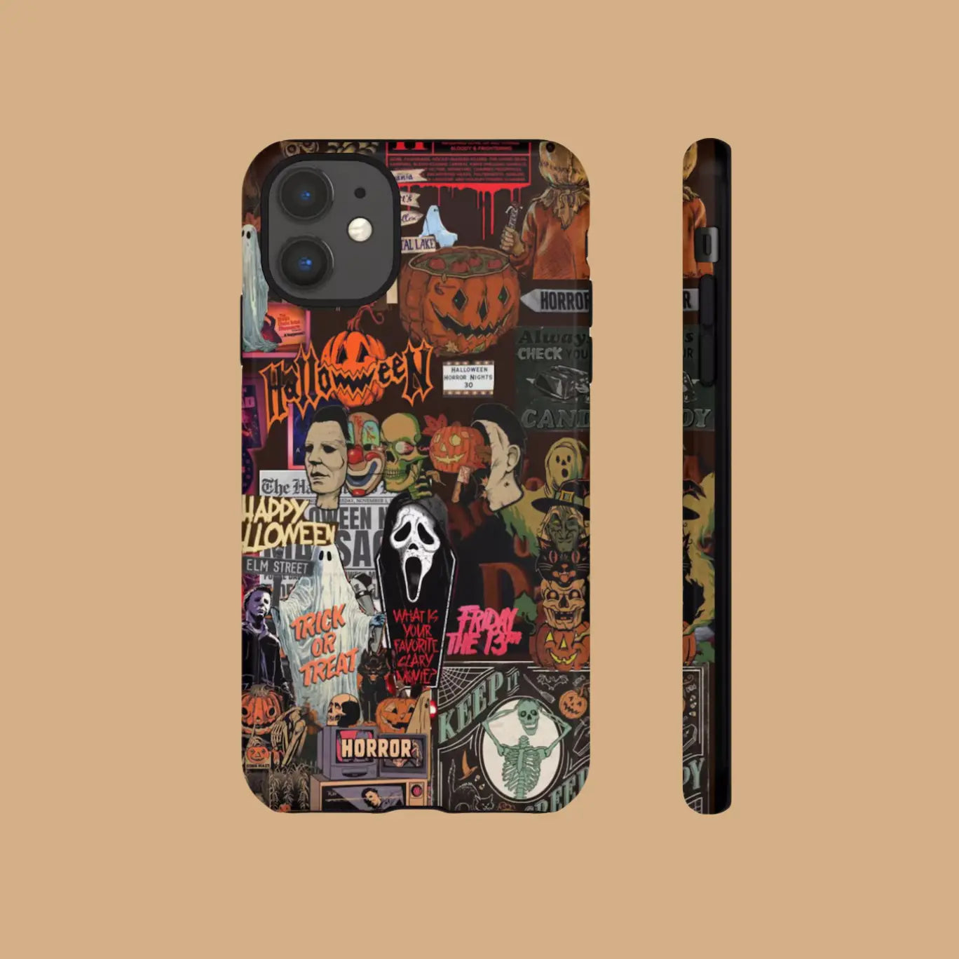 Featuring a collage of classic horror movie characters, this Halloween-themed phone case is a must-have accessory to make your phone stand out.
