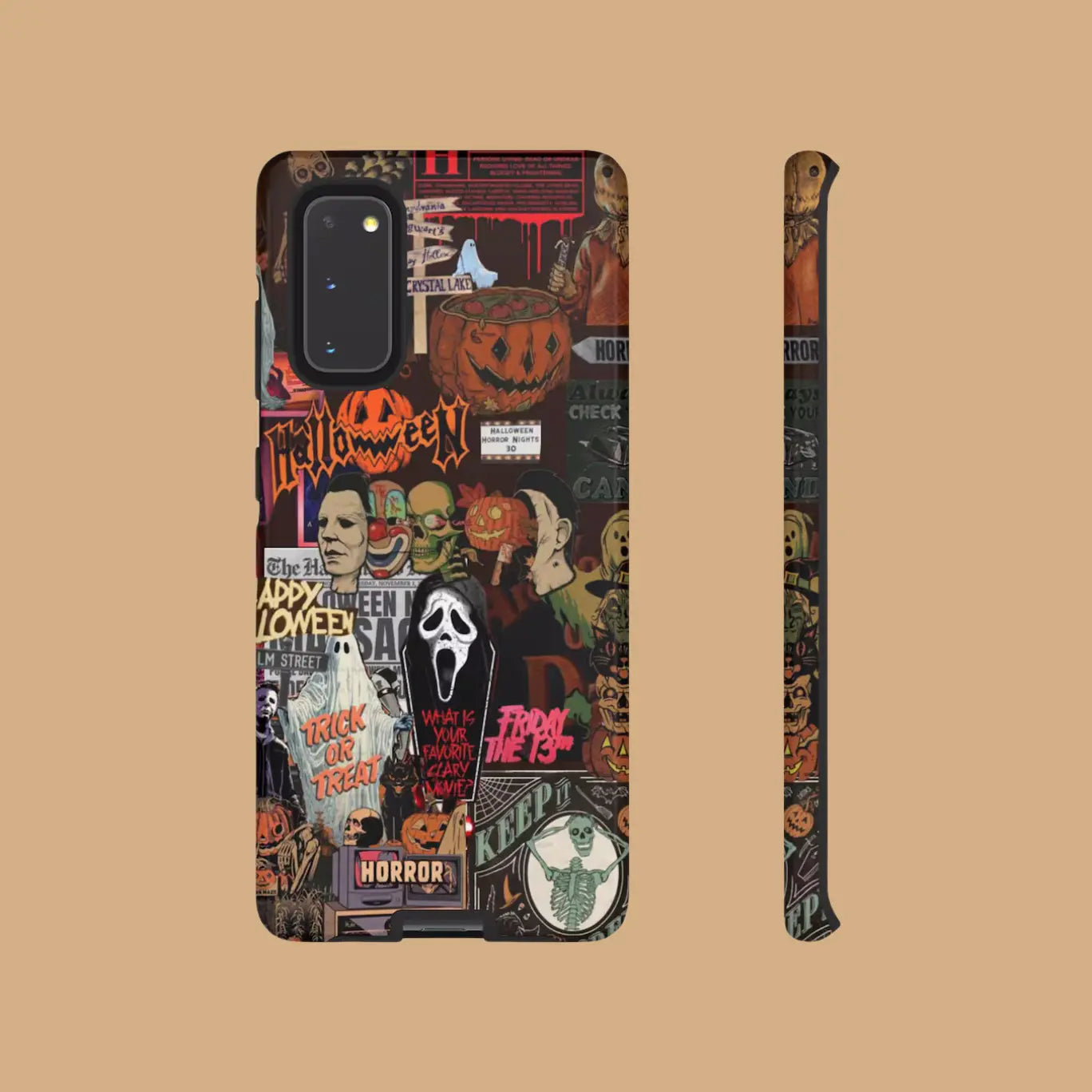 Featuring a collage of classic horror movie characters, this Halloween-themed phone case is a must-have accessory to make your phone stand out.