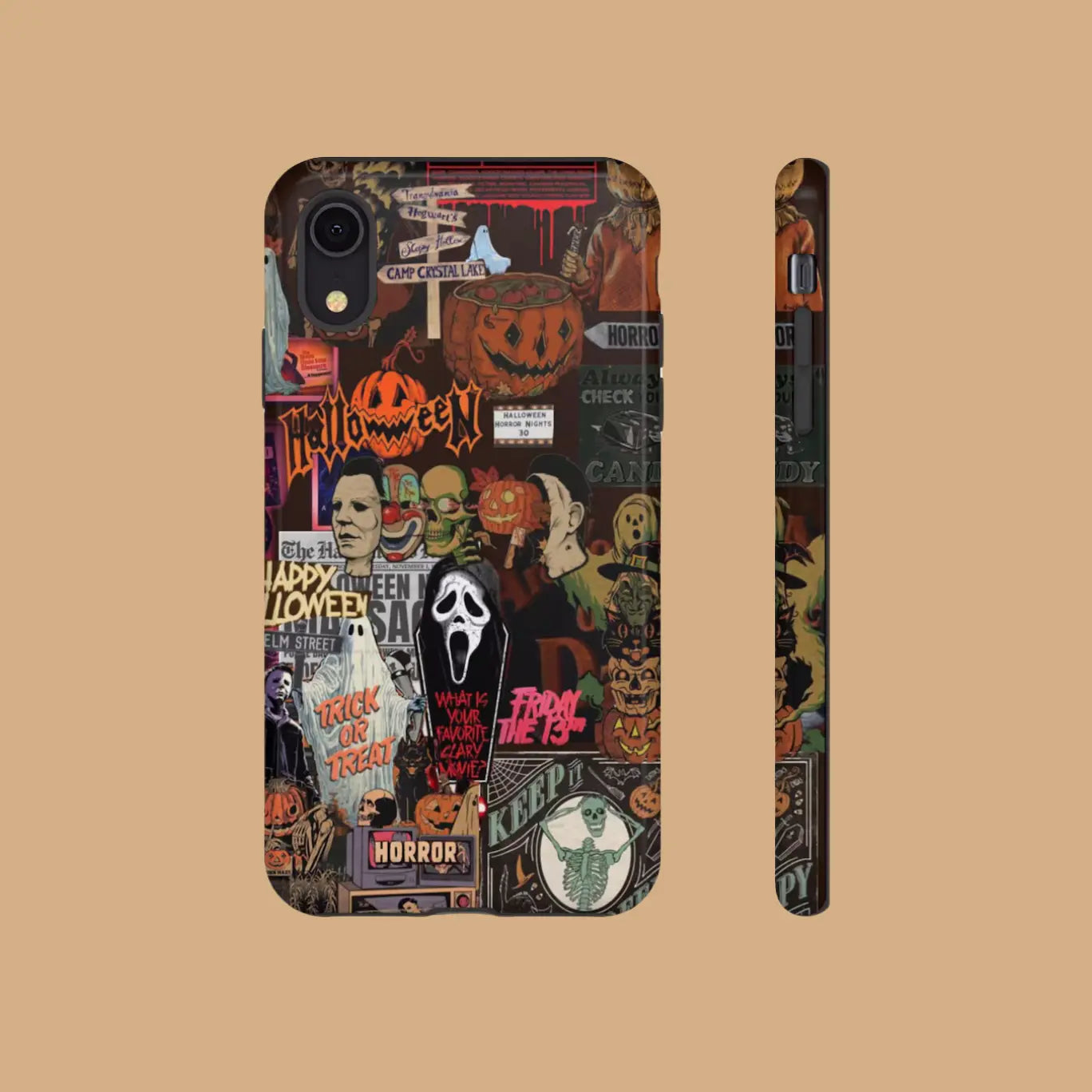 Featuring a collage of classic horror movie characters, this Halloween-themed phone case is a must-have accessory to make your phone stand out.