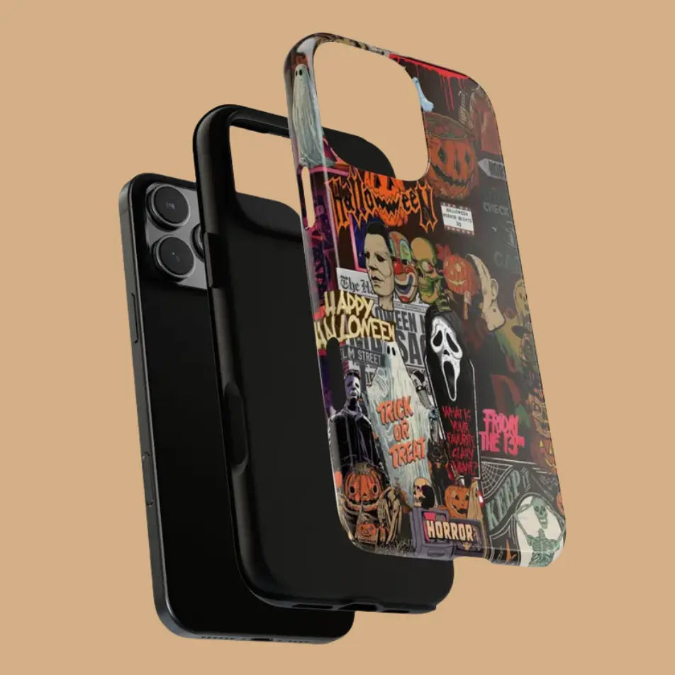 Featuring a collage of classic horror movie characters, this Halloween-themed phone case is a must-have accessory to make your phone stand out.