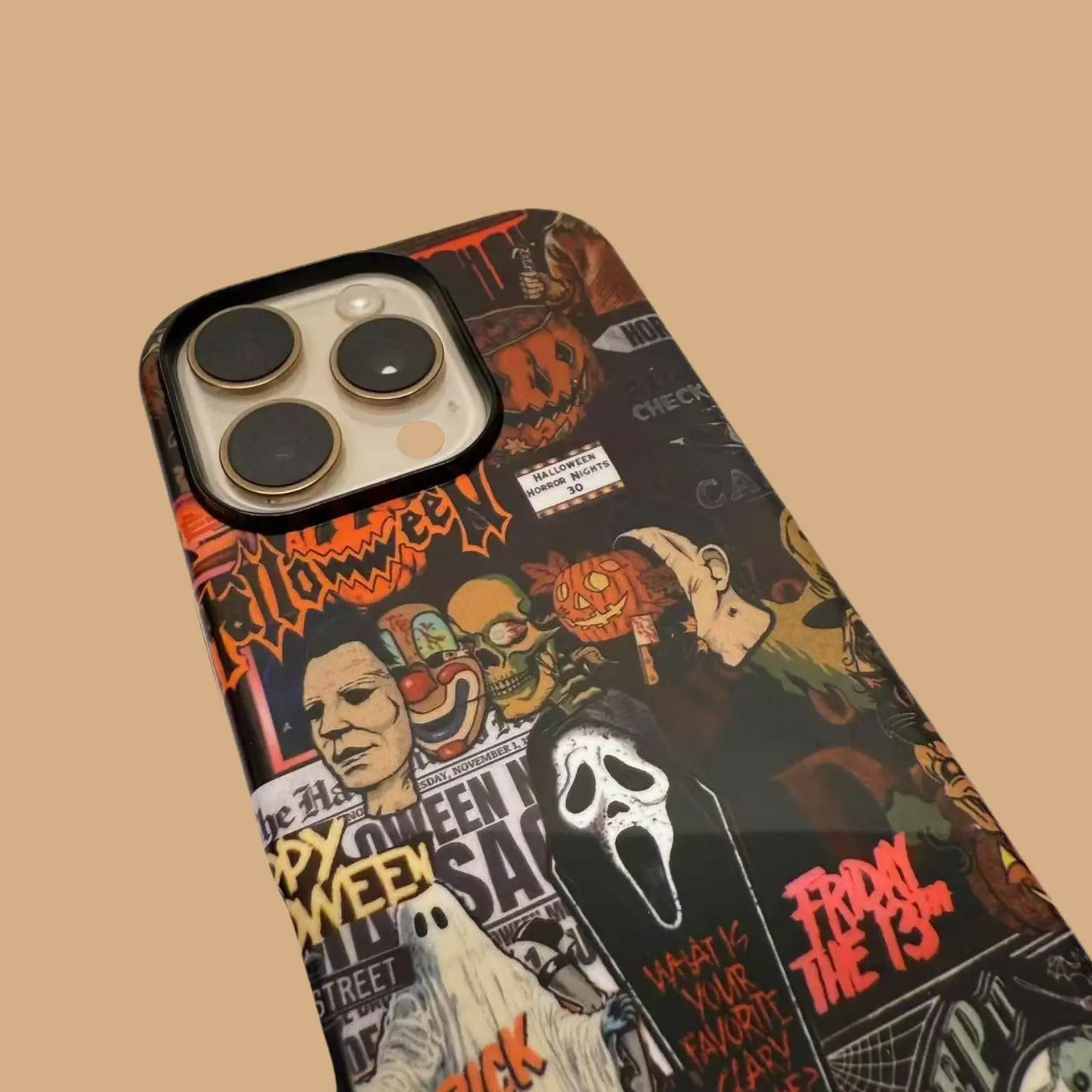 Featuring a collage of classic horror movie characters, this Halloween-themed phone case is a must-have accessory to make your phone stand out.
