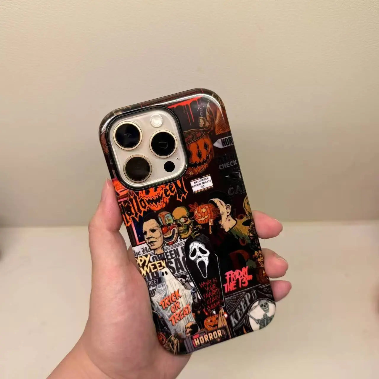Featuring a collage of classic horror movie characters, this Halloween-themed phone case is a must-have accessory to make your phone stand out.