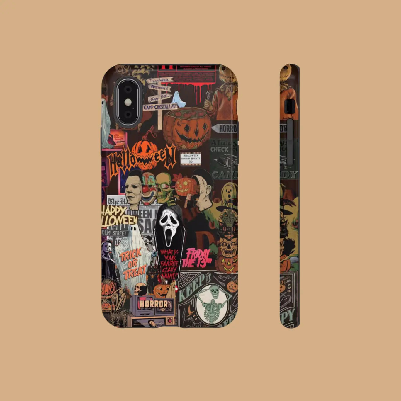 Featuring a collage of classic horror movie characters, this Halloween-themed phone case is a must-have accessory to make your phone stand out.