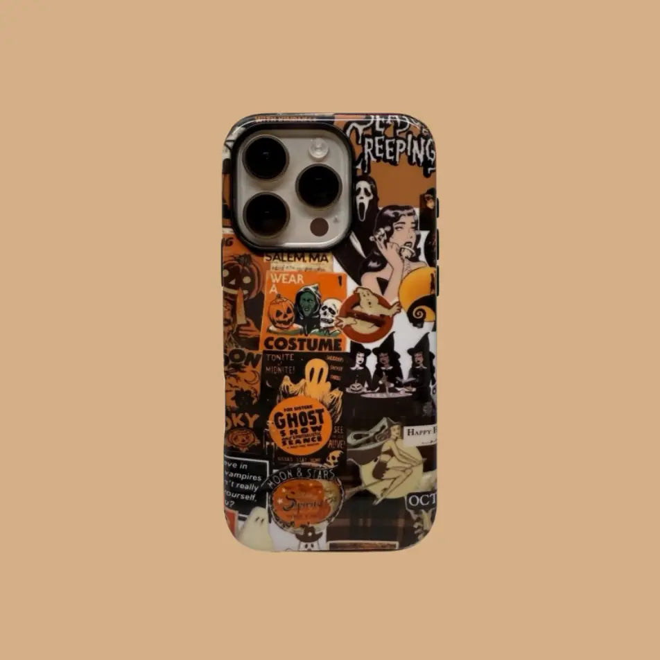 This Halloween-themed phone case features a vintage collage of ghosts, Ghostface, pumpkins, and more, adding a rich festive atmosphere to your phone.