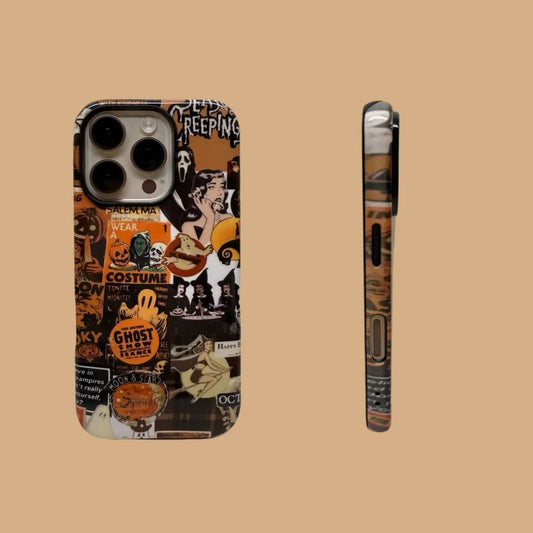 This Halloween-themed phone case features a vintage collage of ghosts, Ghostface, pumpkins, and more, adding a rich festive atmosphere to your phone.