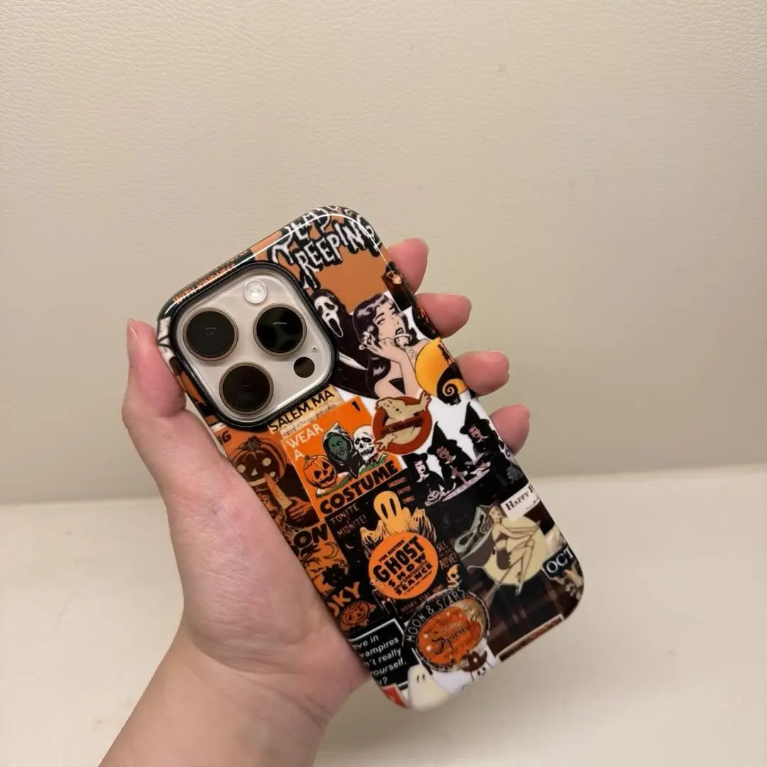 This Halloween-themed phone case features a vintage collage of ghosts, Ghostface, pumpkins, and more, adding a rich festive atmosphere to your phone.