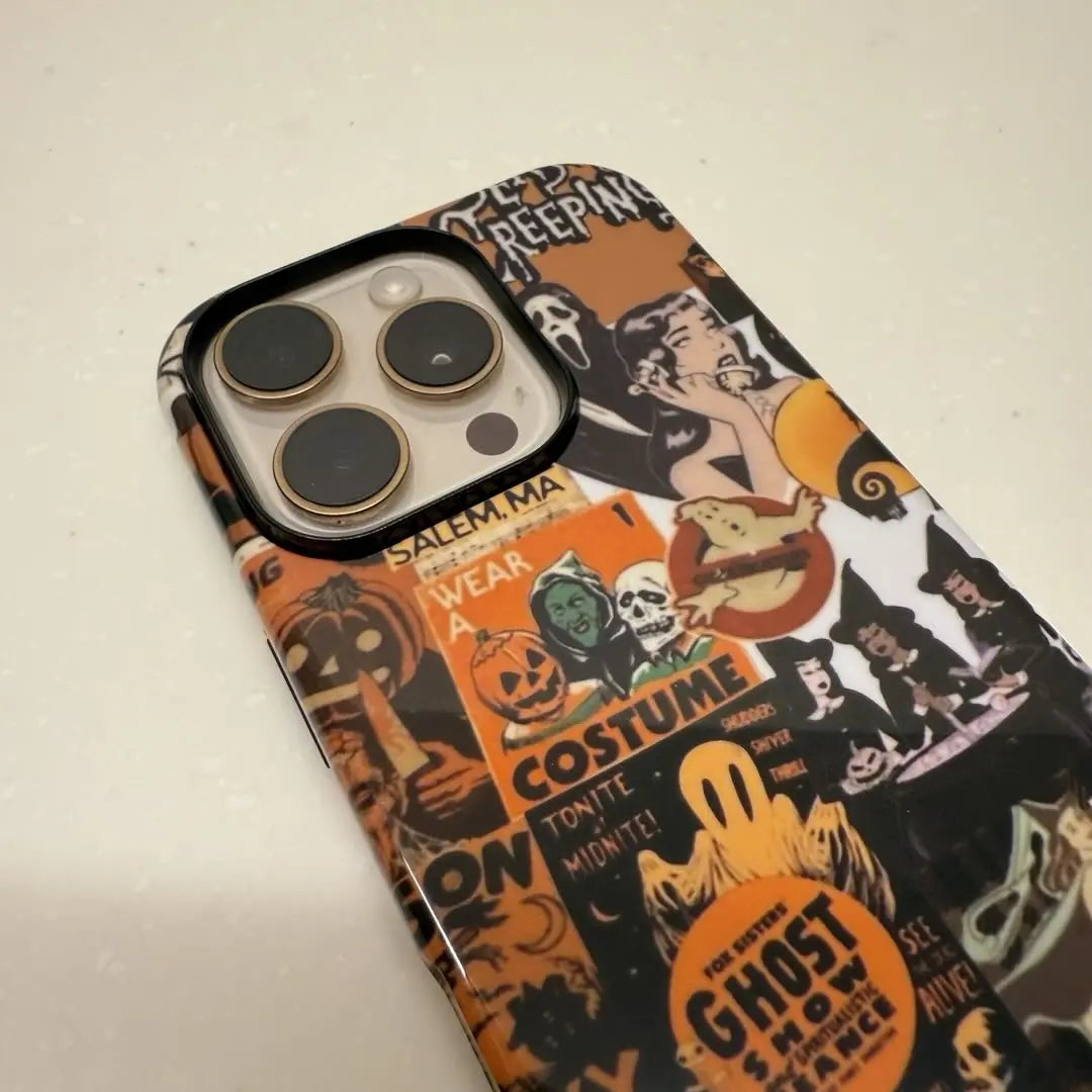 This Halloween-themed phone case features a vintage collage of ghosts, Ghostface, pumpkins, and more, adding a rich festive atmosphere to your phone.