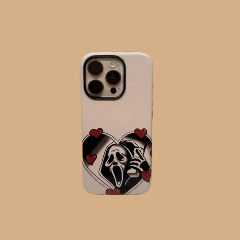This Halloween phone case features a vintage collage of classic elements like pumpkins, black cats, and skeletons, adding a unique festive vibe.