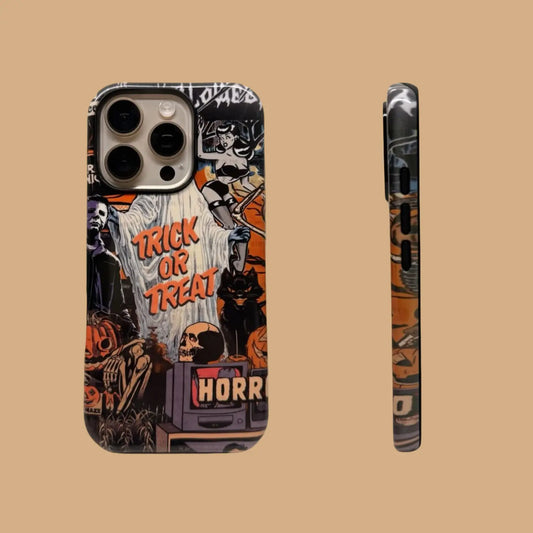 This Halloween phone case features a vintage horror movie poster collage, bringing a unique and trendy vibe that makes you stand out this Halloween.