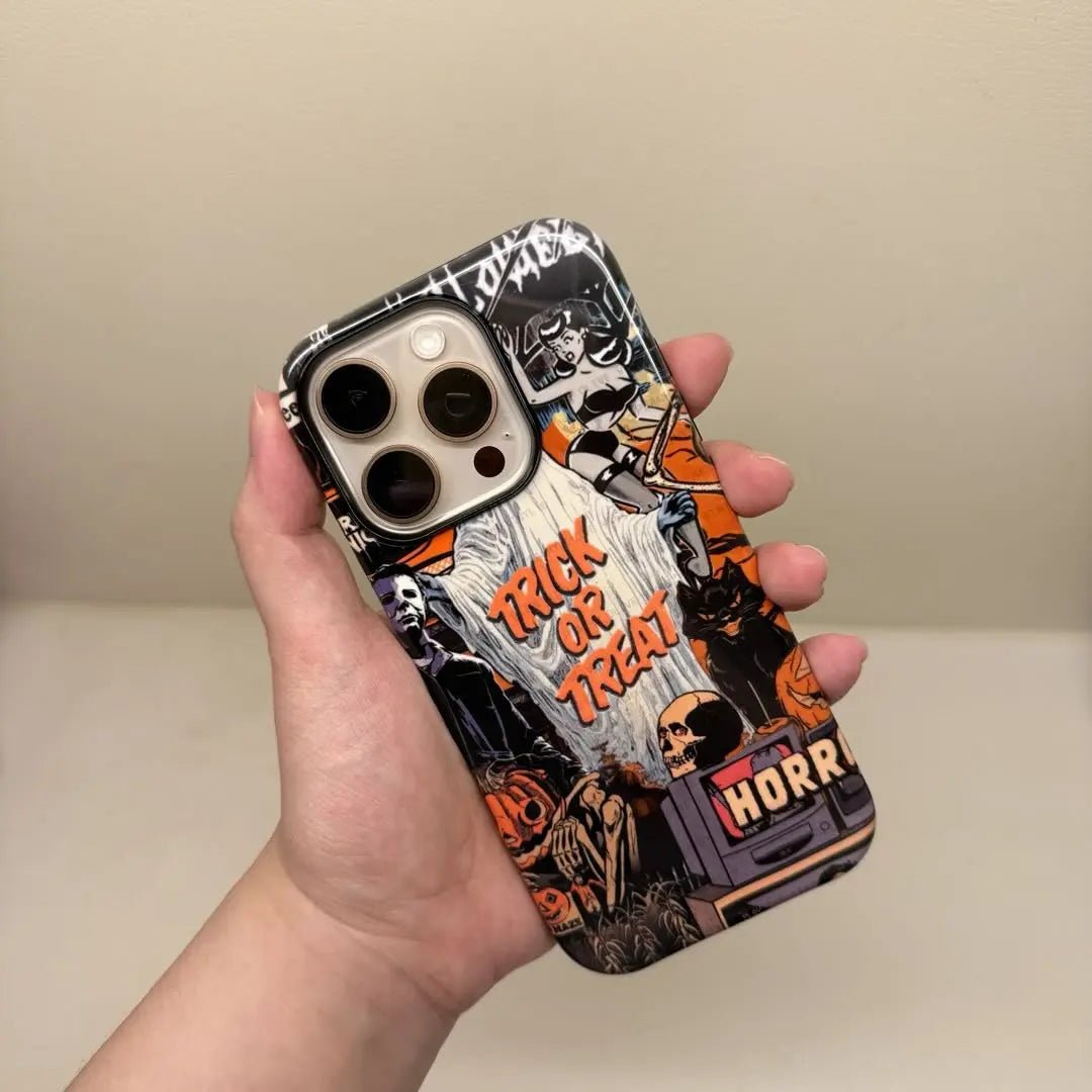 This Halloween phone case features a vintage horror movie poster collage, bringing a unique and trendy vibe that makes you stand out this Halloween.