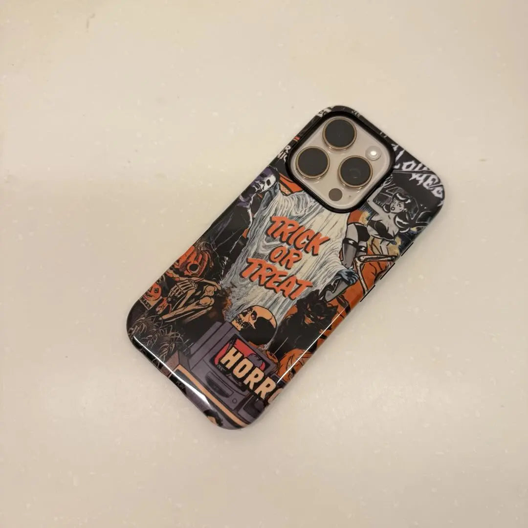 This Halloween phone case features a vintage horror movie poster collage, bringing a unique and trendy vibe that makes you stand out this Halloween.