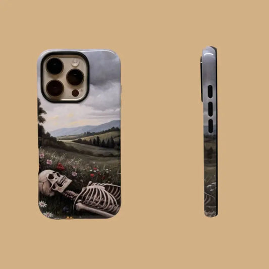 This Halloween phone case features a beautiful oil painting style of a skeleton lying in flowers, blending life and death for a unique artistic touch.