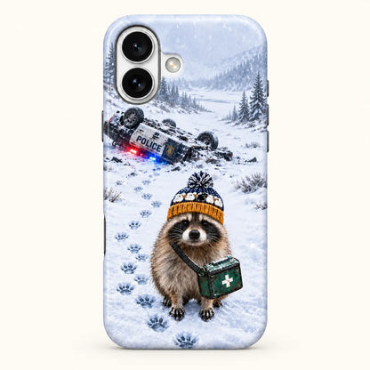 iPhone case rear view with raccoon, snow pawprints and overturned police car