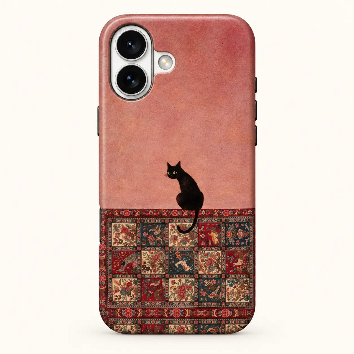 iPhone rear view; Black cat above a red, cream and deep teal floral bird rug print