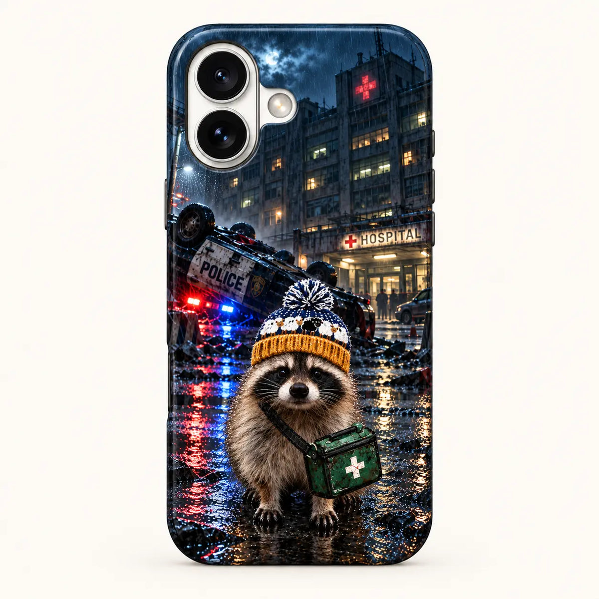 iPhone case rear view with raccoon, hospital and overturned police car