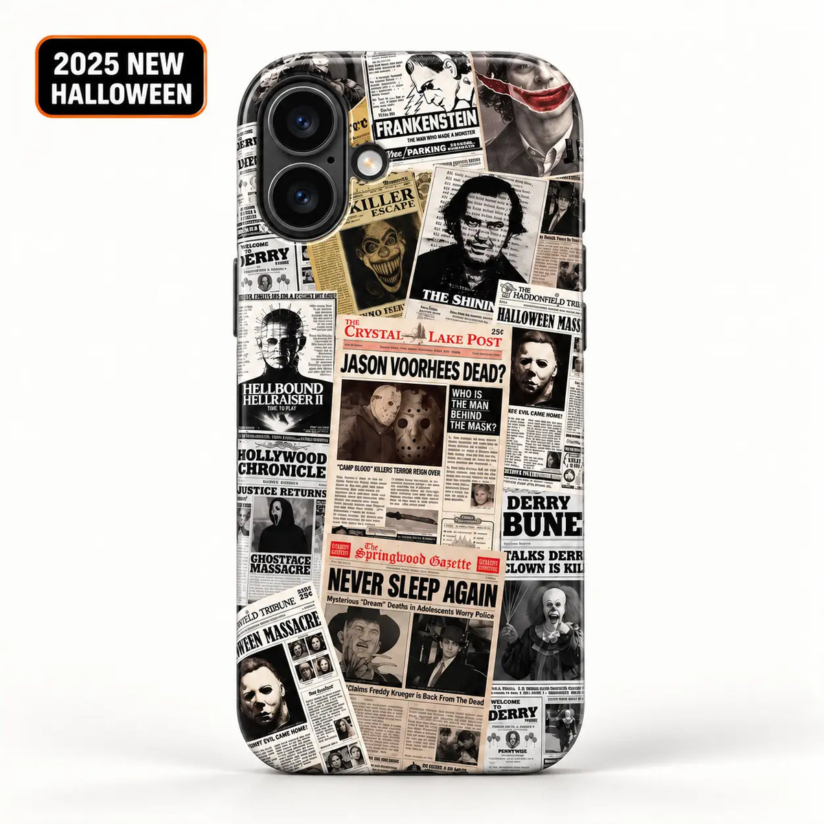 Vintage horror newspaper collage film case for iPhone 16 with 2025 Halloween badge