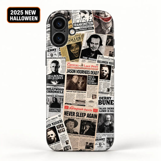 Vintage horror newspaper collage film case for iPhone 16 with 2025 Halloween badge