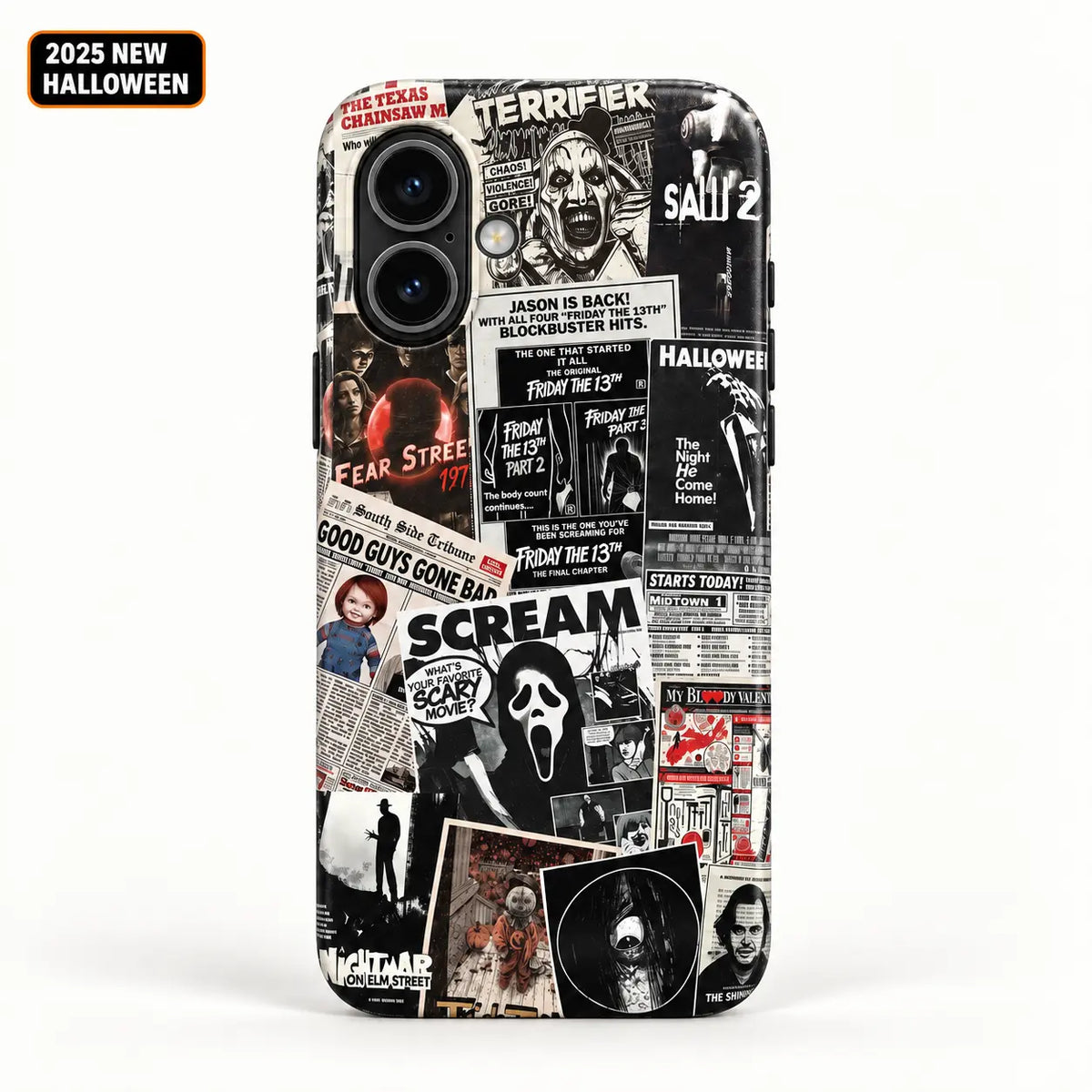 Vintage horror poster collage phone case for iPhone 16 with 2025 New Halloween badge