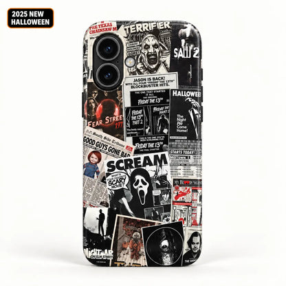 Vintage horror poster collage phone case for iPhone 16 with 2025 New Halloween badge
