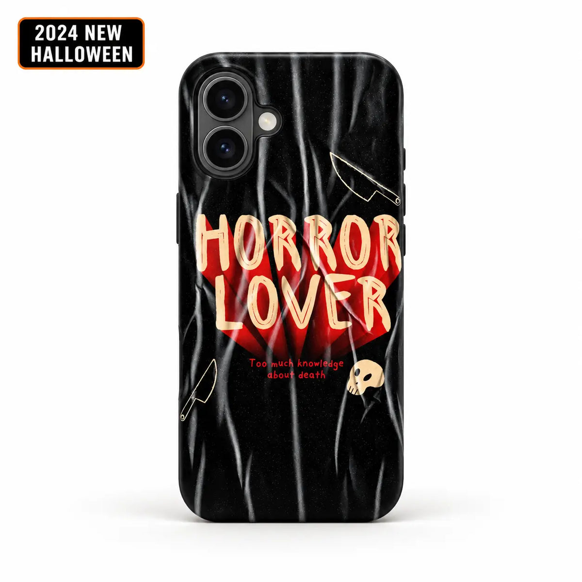 Horror Lover phone case for iPhone 16 with red heart and cream lettering