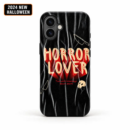 Horror Lover phone case for iPhone 16 with red heart and cream lettering