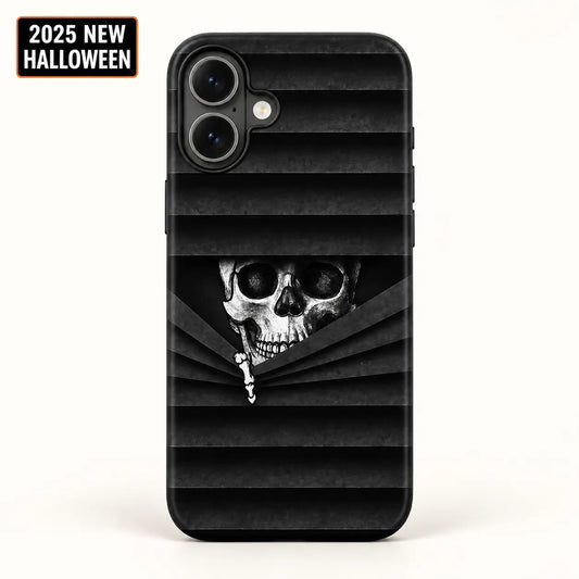 Peeking Skull black striped case for iPhone 16 with Halloween badge