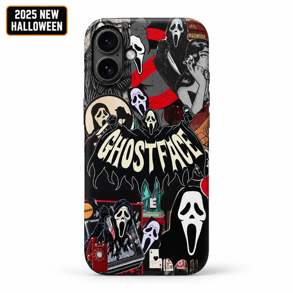 Ghostface horror collage phone case for iPhone 16 with 2025 New Halloween badge