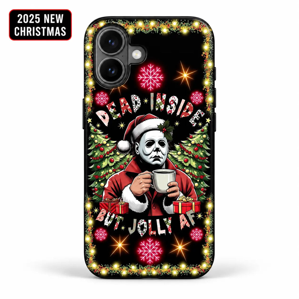 Dead Inside But Jolly Christmas phone case for iPhone with masked Santa character and glowing snowflakes
