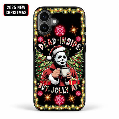 Dead Inside But Jolly Christmas phone case for iPhone with masked Santa character and glowing snowflakes