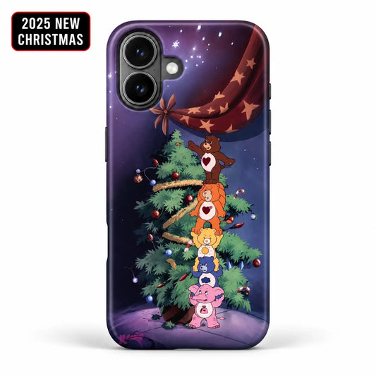 Stacked friends Christmas tree phone case for iPhone 16 in a purple night scene