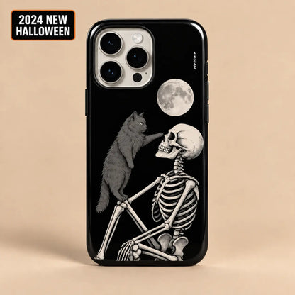 Moonlit Cat and Skeleton Halloween phone case for iPhone with 2024 New Halloween badge
